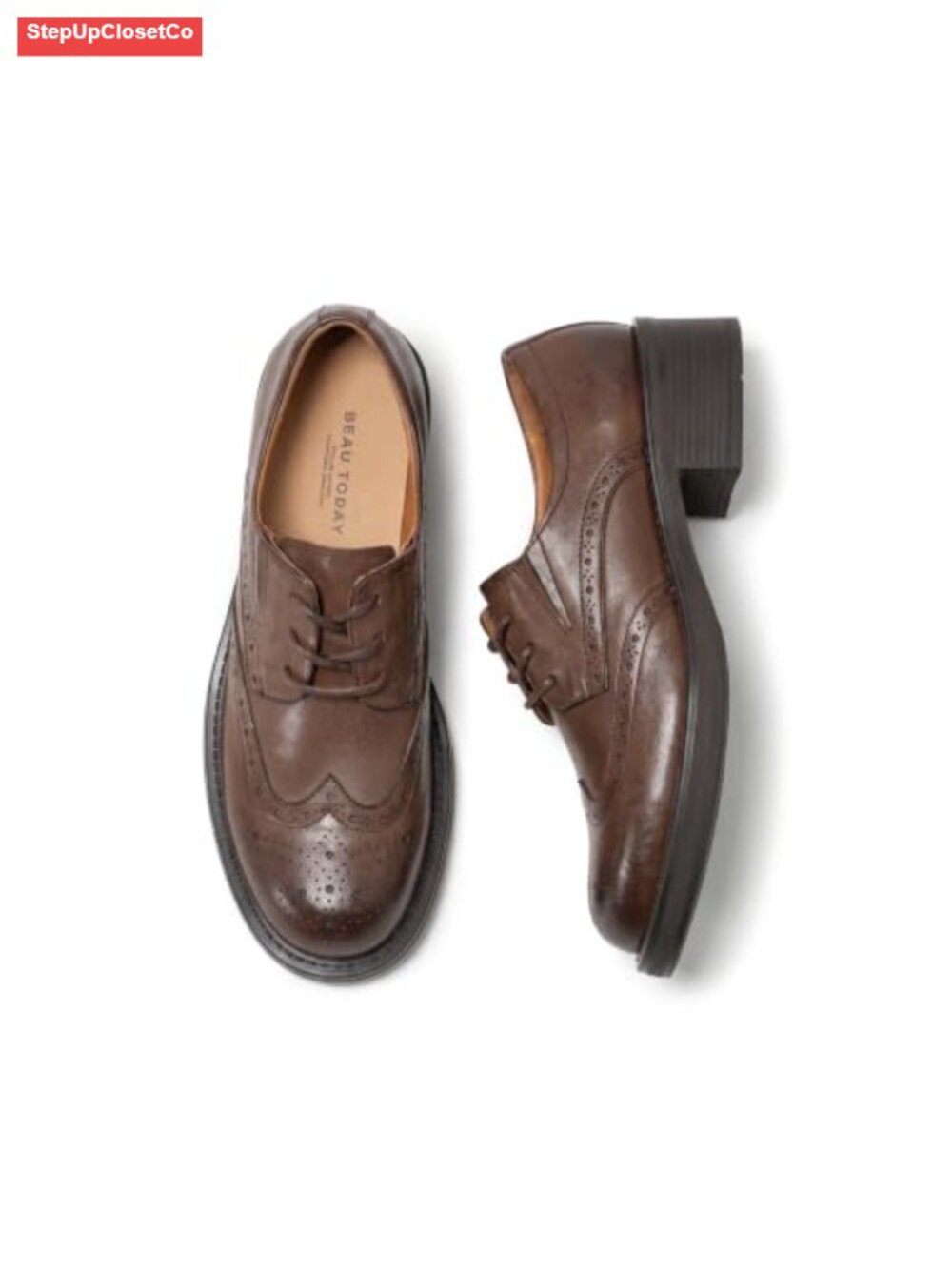 Leather Wingtip Brogue Oxfords Lace Up Block Heel